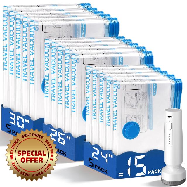 15 Pack Vacuum Storage Bags for Travel with Rechargeable Cordless Pump