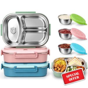 FoldTier 3 Pack Stainless Steel Lunch Boxes Includes 3 Lidded Condiment Cups