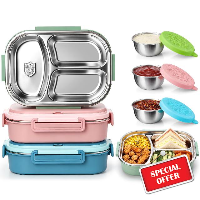 FoldTier 3 Pack Stainless Steel Lunch Boxes Includes 3 Lidded Condiment Cups