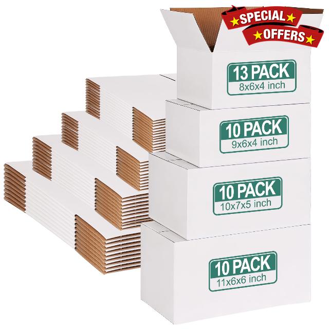 MAPVOLUT 43-Piece Assorted Sizes Small Shipping Boxes - White Corrugated Mailing Boxes for Small Business