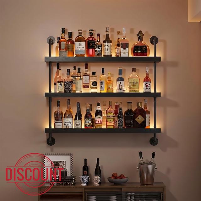 3-Tier Wall Mounted Wine Rack with LED & Black Shelves