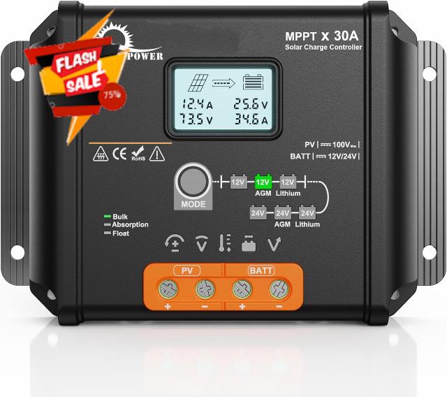 SUNER POWER 30 Amp 12V 24V MPPT Solar Charge Controller                                                          | LCD Display | Temp Sensor | 8-Safety Protections | Perfect for 12Volt Lead-Acid