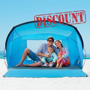 OutdoorMaster Updated Beach Tent for 3-4 Person - Easy Setup and Portable Beach Shade Sun Shelter Canopy with UPF 50+ UV Protection Removable Skylight Family Size -Sky Blue
