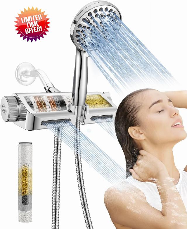 MakeFit Filtered Shower Head with Handheld Combo - Dual 2-in-1 Spa System with Massage Shower and 10 Modes Hand Held Shower High Pressure with Built in Power Wash Mode (Chrome)