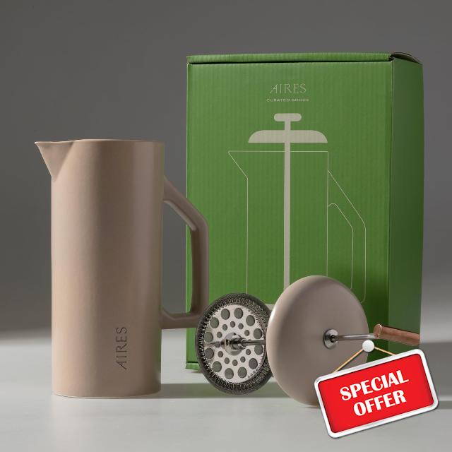 AIRES Ceramic French Press Coffee Maker – 34 oz Heat-Retaining Stoneware – Elegant Neutral Color – Inspired by Buenos Aires Coffee Culture – Gift-Ready with Barista Brewing Guide