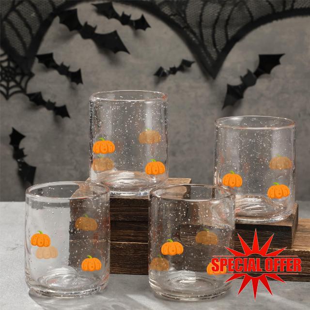 4 Pcs Halloween Pumpkin Icon Glass Cup Set Stemless | Drinking Cups