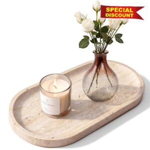 Natural Italian Travertine Tray Oval Decorative Marble Vanity Tray | Bathroom Countertop Hand-Polished Organizer for Kitchen Soap Jewelry Coffee Table Beige (11.8X7.8 Inch)