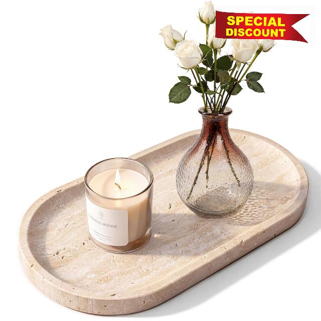 Natural Italian Travertine Tray Oval Decorative Marble Vanity Tray | Bathroom Countertop Hand-Polished Organizer for Kitchen Soap Jewelry Coffee Table Beige (11.8X7.8 Inch)