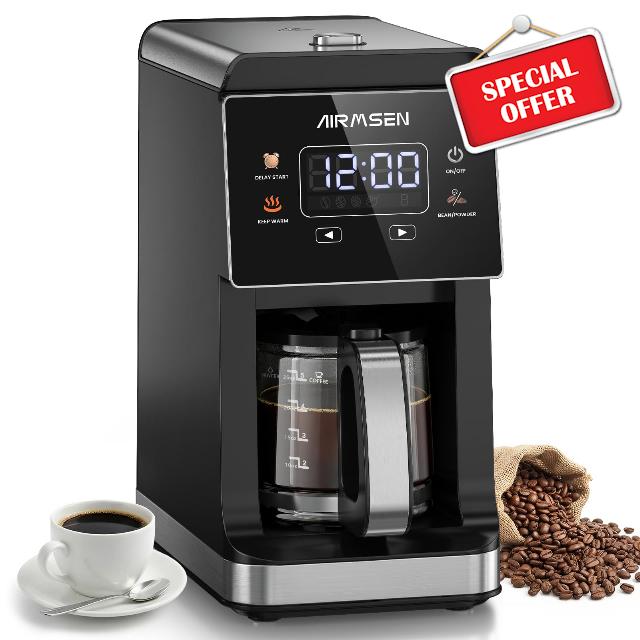 AIRMSEN Grind & Brew Coffee Maker with Built-In Grinder 5-Cup                                                          Drip Coffee Machine with 24H Programmable Timer