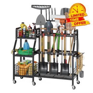 keomaisyto Heavy-Duty Garden Tool Organizer with 6 Wheels and 2 Baskets | 3 Lockable Casters