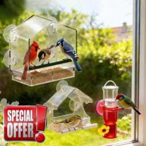 Window Bird Feeders (Large & Small) Plus Hummingbird Waterers（3-Piece Set） Lure Various Birds