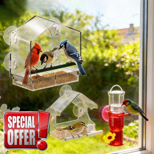 Window Bird Feeders (Large & Small) Plus Hummingbird Waterers（3-Piece Set） Lure Various Birds