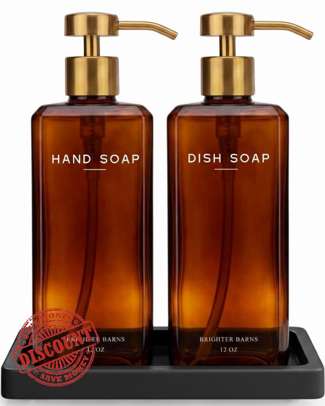 Luxury Glass Hand and Dish Soap Dispenser Set by Brighter Barns - 12oz Kitchen Soap Dispenser with Pump and Ceramic Tray for Kitchen Sink - Gold Home Decor for Vacation Rental