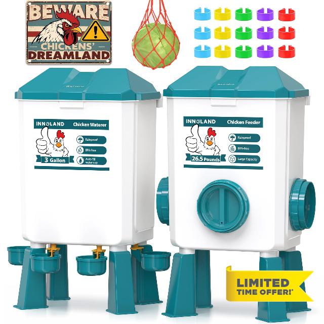INNOLAND Chicken Feeder and Waterer Set - 3 Gallon/26.5 Pounds | Automatic Chicken Waterer