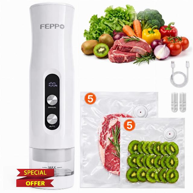 FEPPO Compact Vacuum Sealer for Food (Vacuum Sealer Machine + 10 Reusable Vacuum Bags)