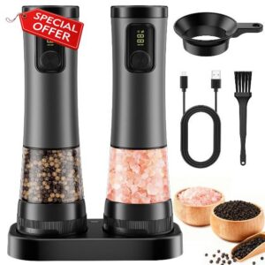 Electric Salt and Pepper Grinder Set - Rechargeable Salt Grinder with Led Power Display - Automatic Pepper Grinder with Storage Base - Pepper Mill with Light for Kitche