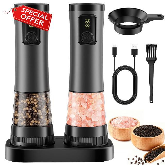 Electric Salt and Pepper Grinder Set - Rechargeable Salt Grinder with Led Power Display - Automatic Pepper Grinder with Storage Base - Pepper Mill with Light for Kitche