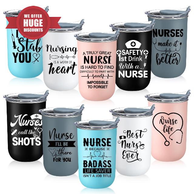 LemonRoad CNA Nurse Gifts Bulk Coffee Mugs 10 oz RN LPN Cups with Lids Thank You Stainless Steel Tumblers for Nurses Graduation Women Men(10 Pcs