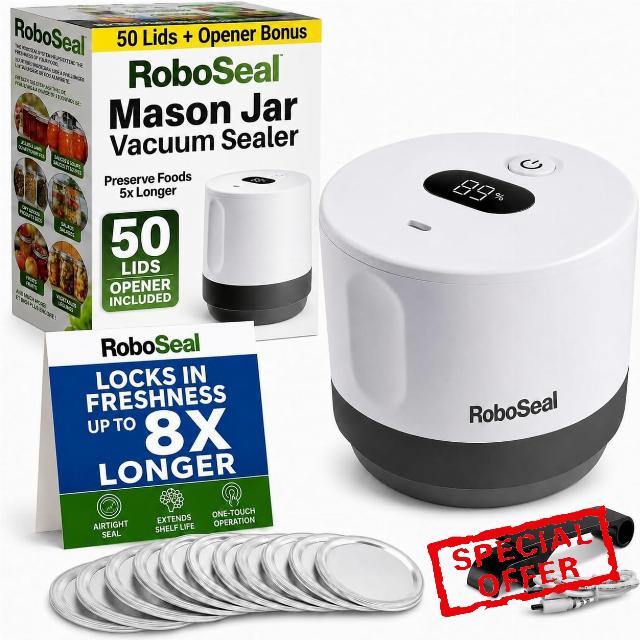 Roboseal Electric Mason Jar Vacuum Sealer Kit with 50 Lids