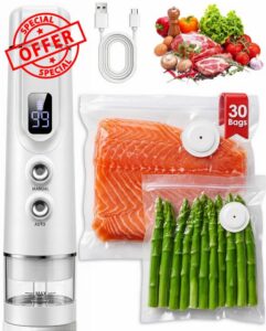 Vacuum Sealer for Food: 30 Reusable Bags & 20ml Tank                                                          Compact Food Saver Vacuum Sealer Machine: 1800mAh Battery