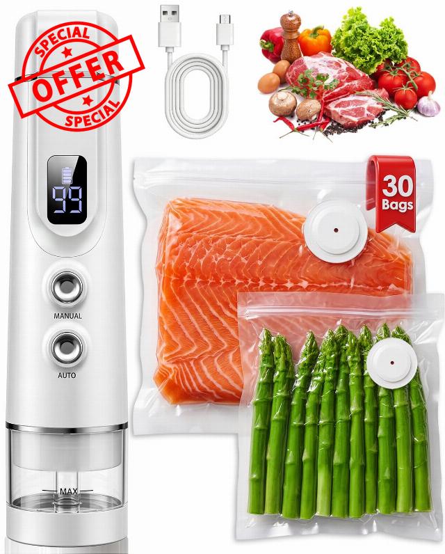 Vacuum Sealer for Food: 30 Reusable Bags & 20ml Tank                                                          Compact Food Saver Vacuum Sealer Machine: 1800mAh Battery