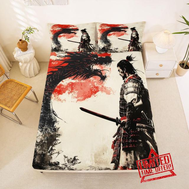 Erosebridal Samurai Fitted Sheet Full Size Dragon Bed Sheets Ukiyo-E Sun Japan Warrior Retro Bedding Set for Kids Teens Adults Ink Painting Hand Drawn Sheets