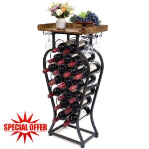 19 Bottles Freestanding Floor Wine Racks with Glass Holder                                                          Wine Bottle Display Stand with Wood Tabletop