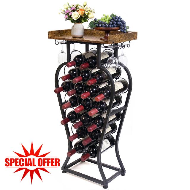 19 Bottles Freestanding Floor Wine Racks with Glass Holder                                                          Wine Bottle Display Stand with Wood Tabletop