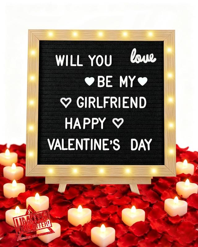 Will You Be My Girlfriend Romantic LED Proposal Sign 10" X 10"                                                          with 1000 Artificial Rose Petals & 480 Letters