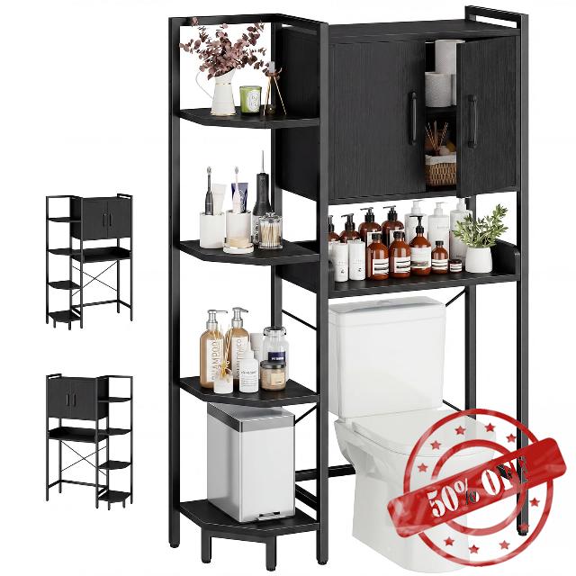 K2 Heavy Duty 7-Tier Over The Toilet Storage Cabinet（with Magnetic Doors & Adjustable Feet） Freestanding Above Toilet Shelf，Space Saver Bathroom Organizer 9.3" D x 31.5" W x 67.2" H，Black