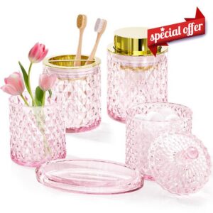 5-Piece Pink Glass Bathroom Accessories Set Vanity Counter Decor Organizer                                                          Foaming Soap Dispenser