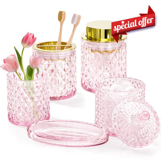 5-Piece Pink Glass Bathroom Accessories Set Vanity Counter Decor Organizer                                                          Foaming Soap Dispenser