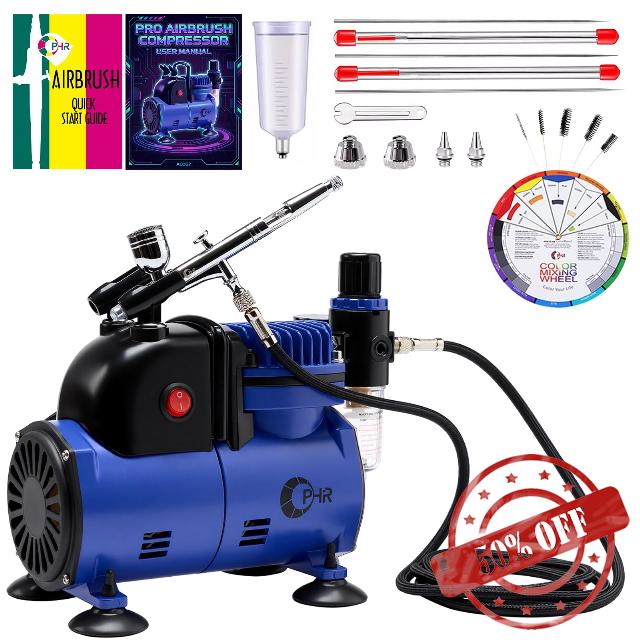 OPHIR Airbrush Starter Kit with Compressor & Dual-Action Airbrush | Quiet 47db Air Compressor with Cooling Fan