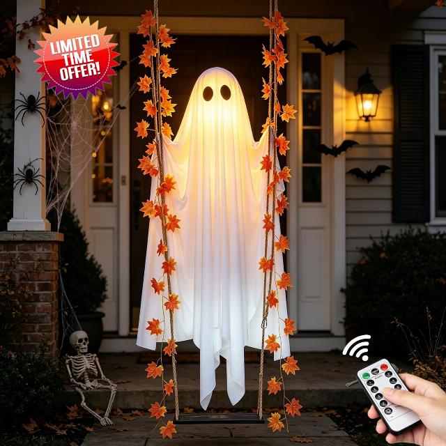 4.4 FT Swinging Ghost Halloween Decor - Outdoor Halloween Decorations with Ghost on A Swing for Outside Garden Yard Porch Tree