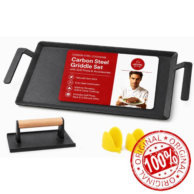 Large Carbon Steel Griddle with Grill Press for Gas Grill & Induction Stove | Pre-Seasoned Nitride Surface