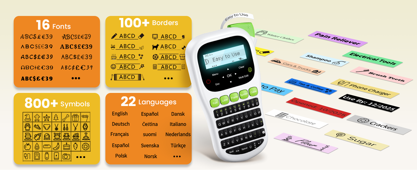 handheld electric label maker with keyboard different fonts symbols languages etiquetadora portatil