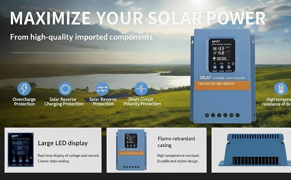 Advanced solar power management with smart charging and protection features.