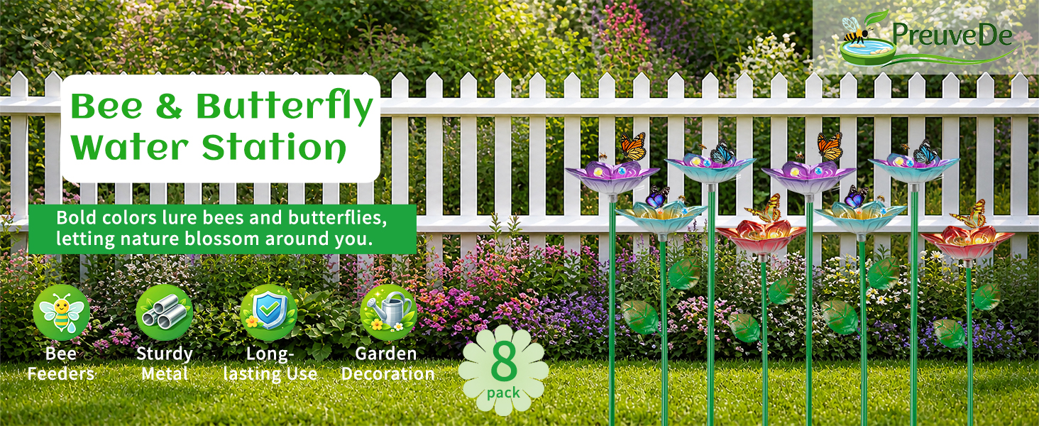 8 pack flower bee and butterfly water stations with colorful garden decorations for pollinators
