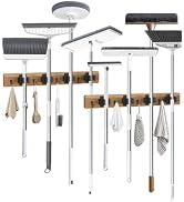 Broom Holder Wall Mounted, 4 Holders and 4 Hooks Mop Holder, Wooden Mop and Broom Holder with Ant...