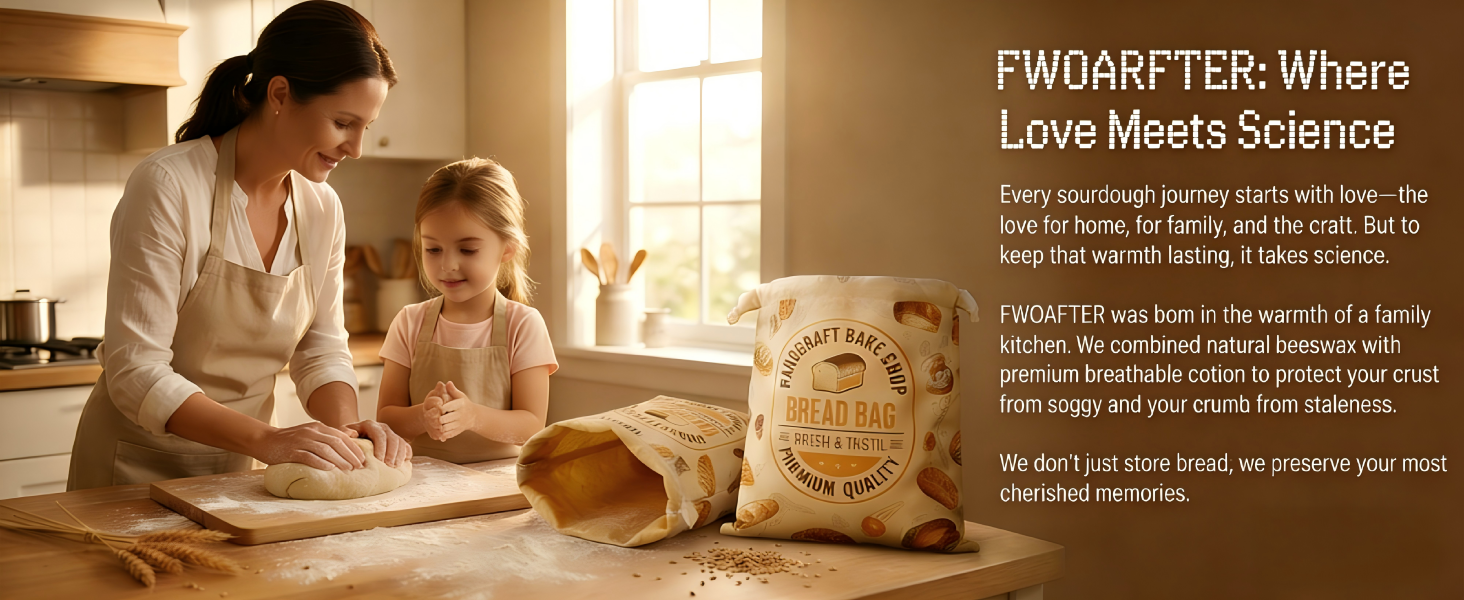 FWOARFTER beeswax bread bag. Mother and daughter baking sourdough for lasting freshness.