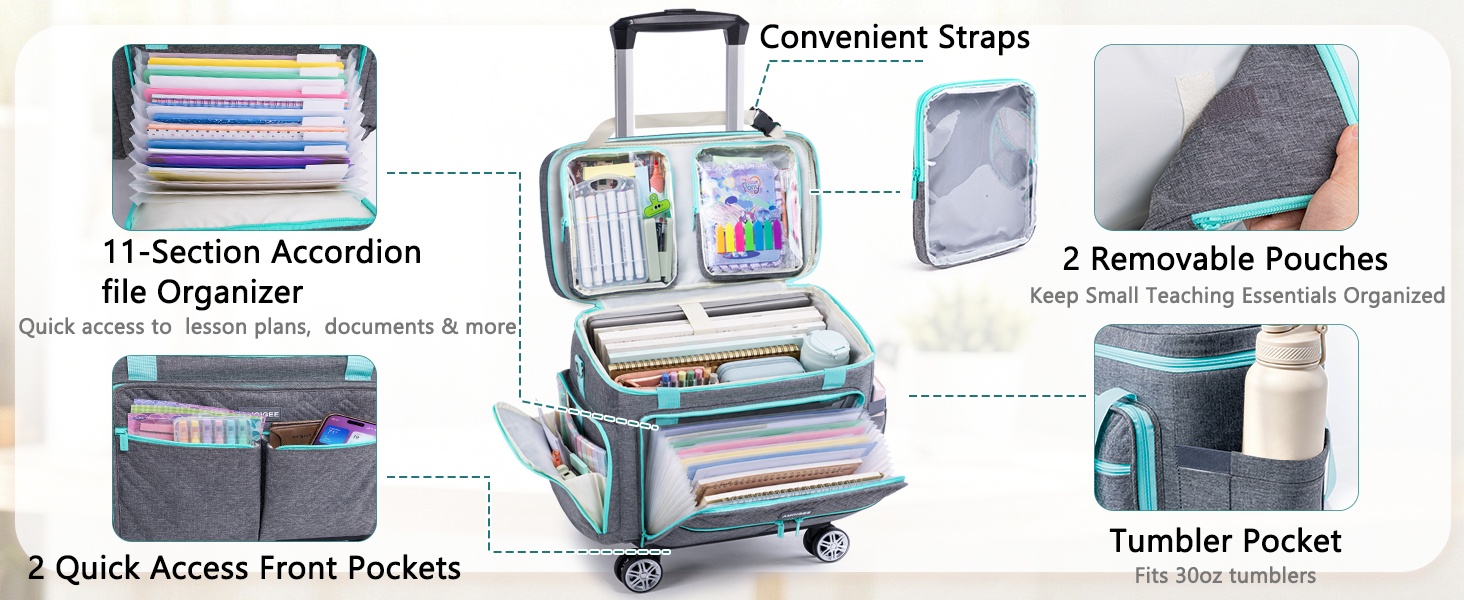 Rolling Teacher Bag with Wheels, Teacher Tote with Accordion File Organizer and Laptop Storage