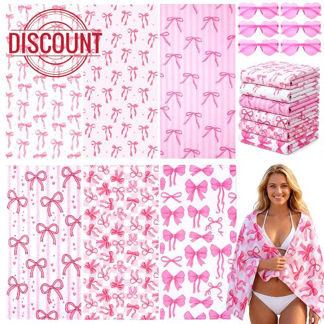 6 Pack Beach Towels Gifts 28 x 59 Inches Large Pool Bath Towel Absorbent Soft Blanket with Heart Sunglasses for Women Sand Beach Summer Sports Travel Camping Supplies (Coquette Pink Bow)