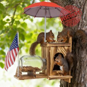 Wooden Squirrel Feeder Picnic Table with Umbrella & Flag