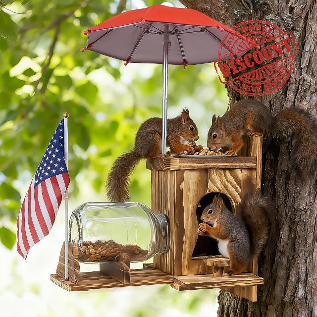 Wooden Squirrel Feeder Picnic Table with Umbrella & Flag