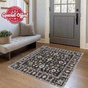 Square 4x4 Rug Entryway: Non Slip Machine Washable Indoor Carpet for Entry Kitchen Bathroom - Throw Small 4 Foot Wide Rug - Ultra Thin Mat for Effortless Living Boho Home Decor 4x4 Black