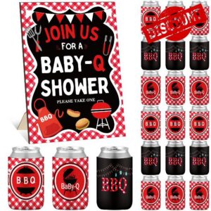 Baby Q Baby Shower Decorations Set 36 Pcs BBQ Can Coolers 12 oz with Rustic Welcome Wooden Sign