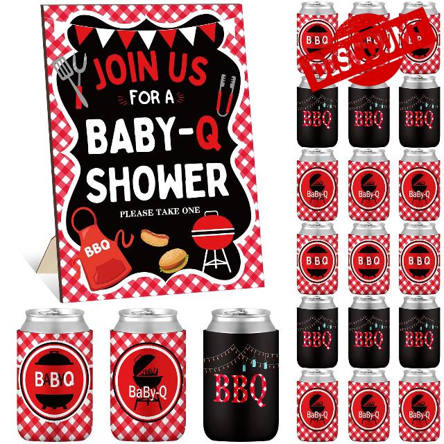 Baby Q Baby Shower Decorations Set 36 Pcs BBQ Can Coolers 12 oz with Rustic Welcome Wooden Sign