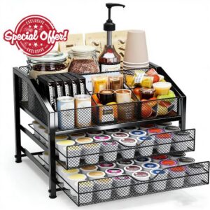 Coffee Bar Organizer - 2-Tier K-Cup & Coffee Pod Holder Stand with Dividers - Storage for Coffee Pods