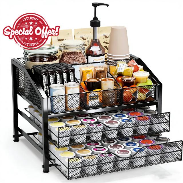 Coffee Bar Organizer - 2-Tier K-Cup & Coffee Pod Holder Stand with Dividers - Storage for Coffee Pods