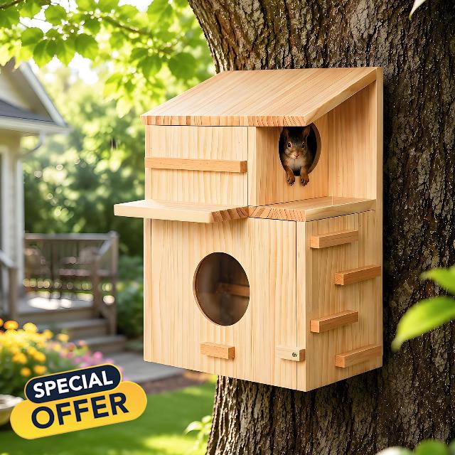 Premium Wooden Squirrel Nesting Box with Acrylic Observation Window & Dual Balconies